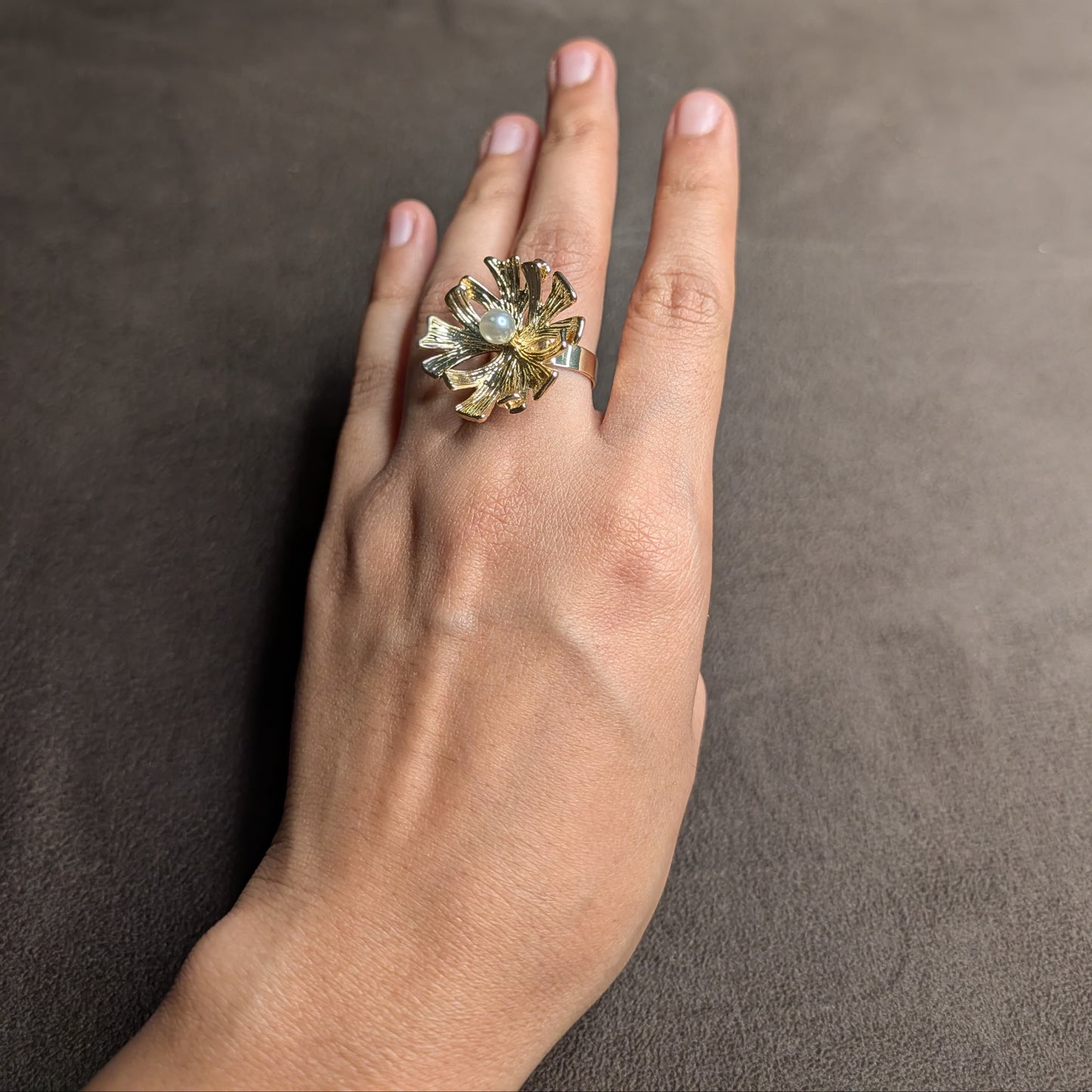 Gold Textured Sunflower Pearl Centre Statement Ring