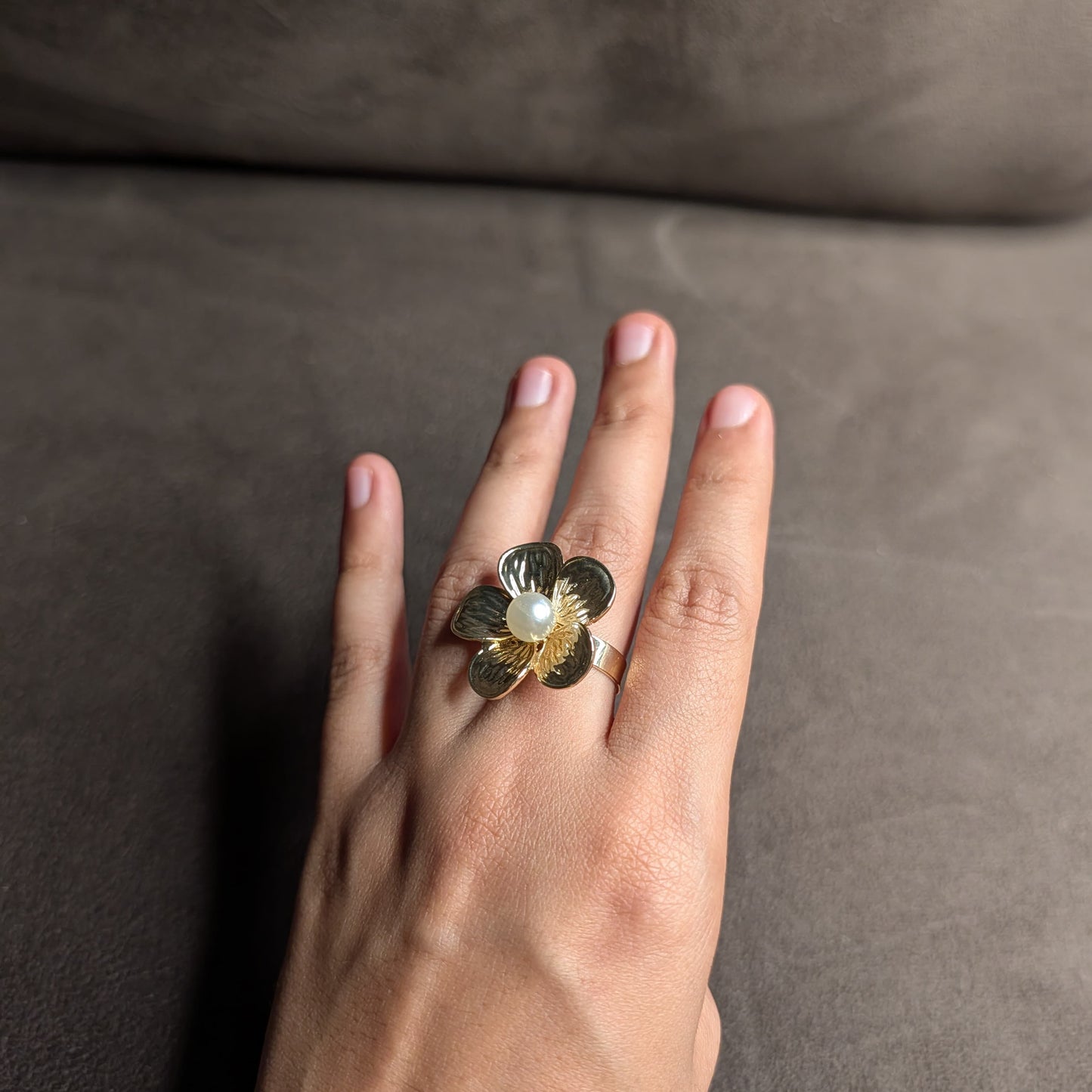 Gold Flower Pearl Centre Statement Ring
