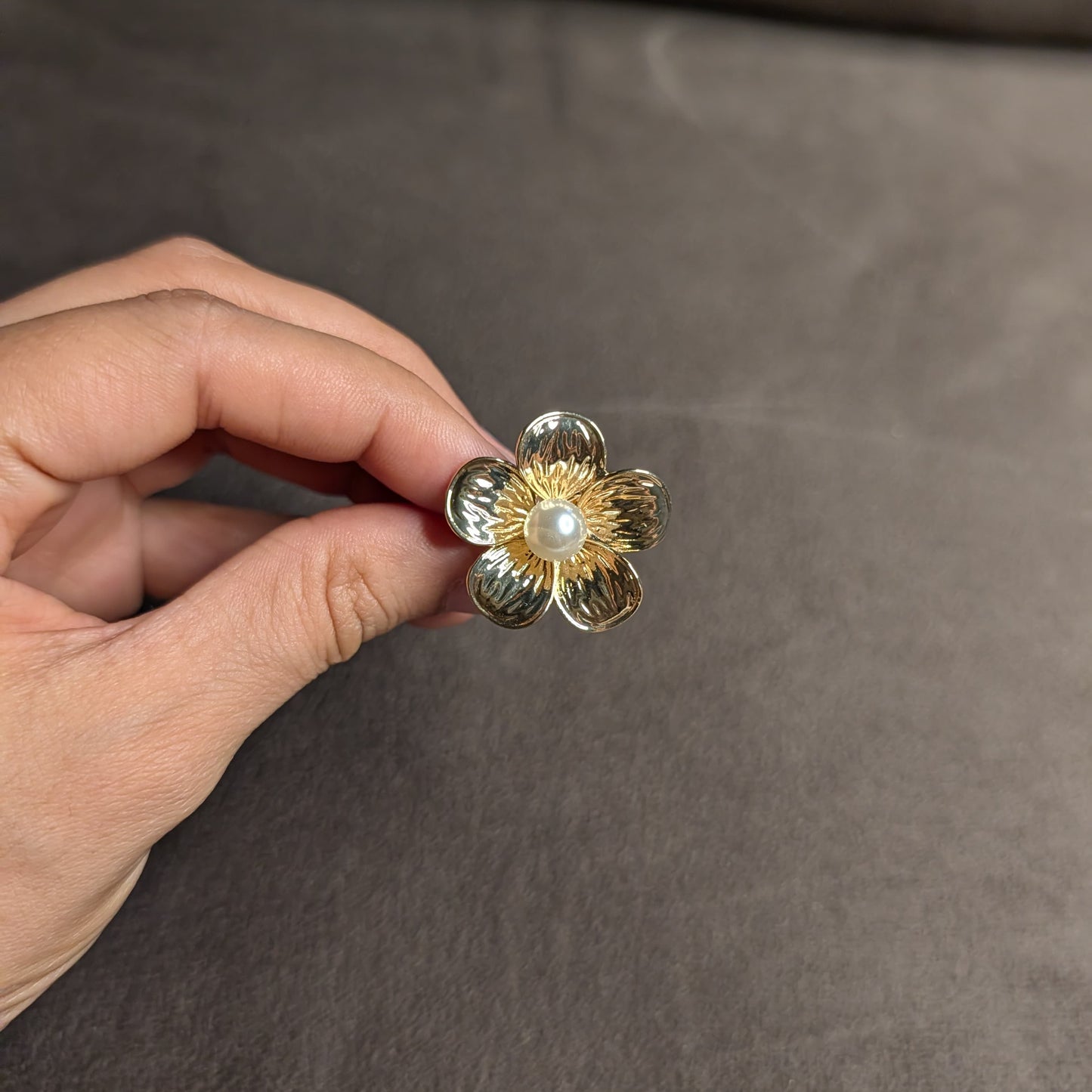 Gold Flower Pearl Centre Statement Ring