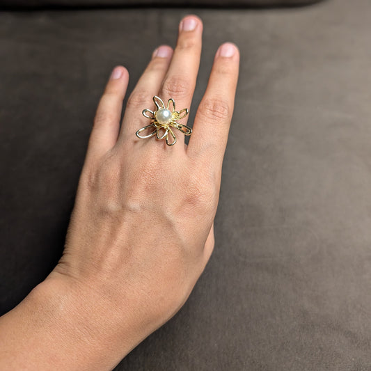 Gold Open Petal Flower Pearl Centre Statement Ring