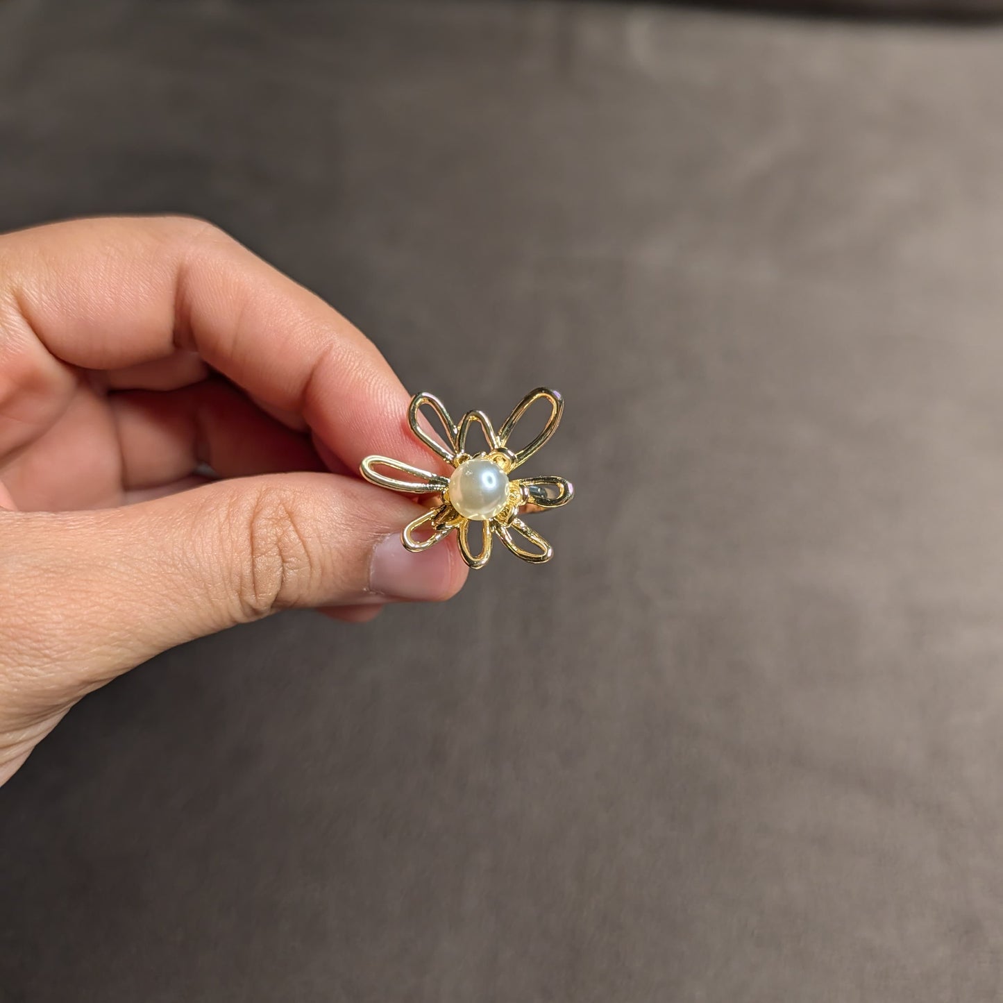 Gold Open Petal Flower Pearl Centre Statement Ring