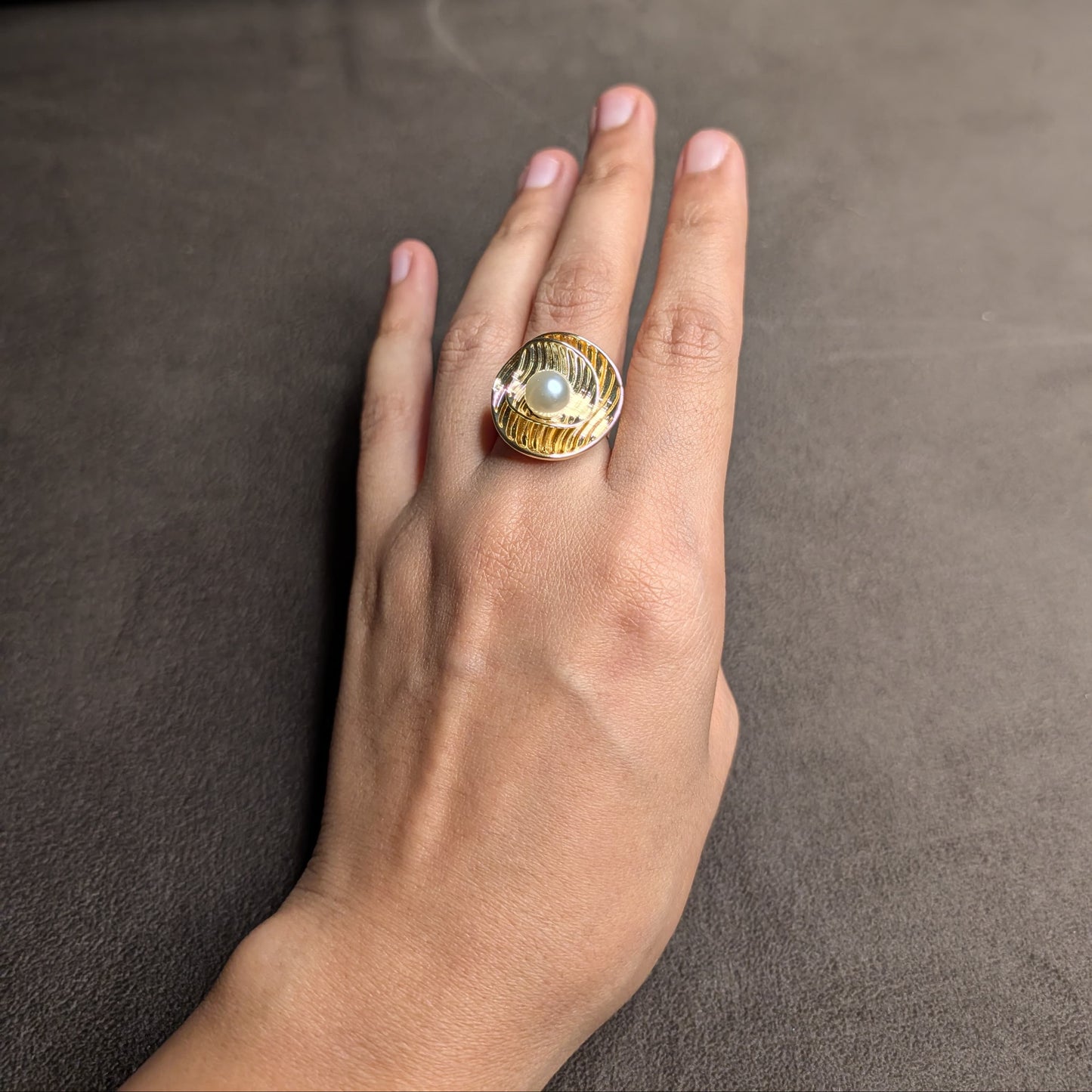 Gold Pointed Petal Sunburst Pearl Centre Ring