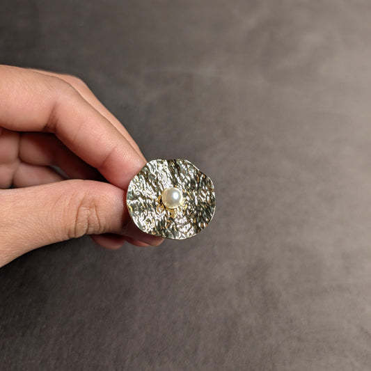 Gold Hammered Disc Pearl Centre Statement Ring