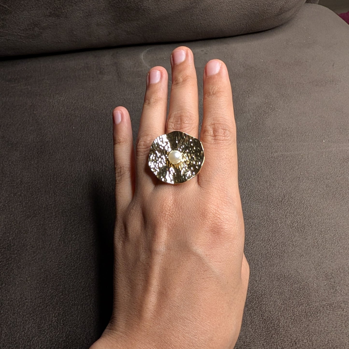 Gold Hammered Disc Pearl Centre Statement Ring