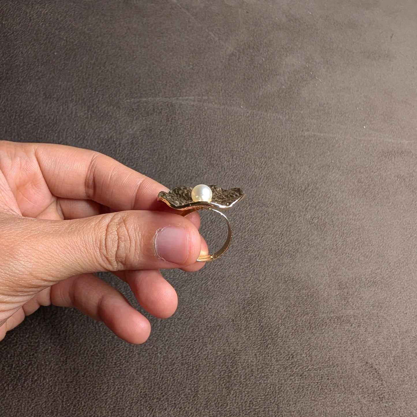 Gold Hammered Disc Pearl Centre Statement Ring