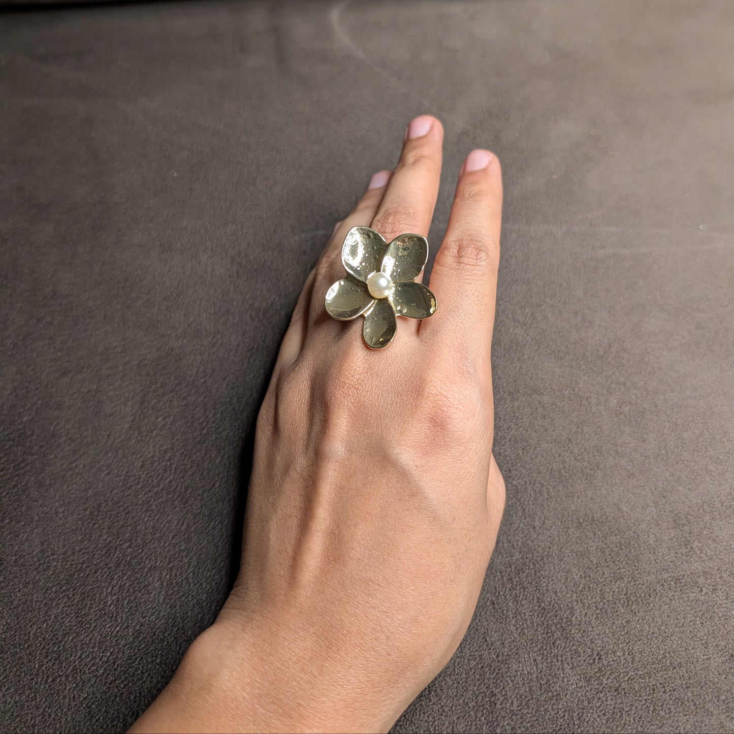 Gold Oversized Five Petal Flower Pearl Centre Statement Ring