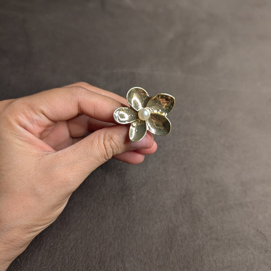 Gold Oversized Five Petal Flower Pearl Centre Statement Ring