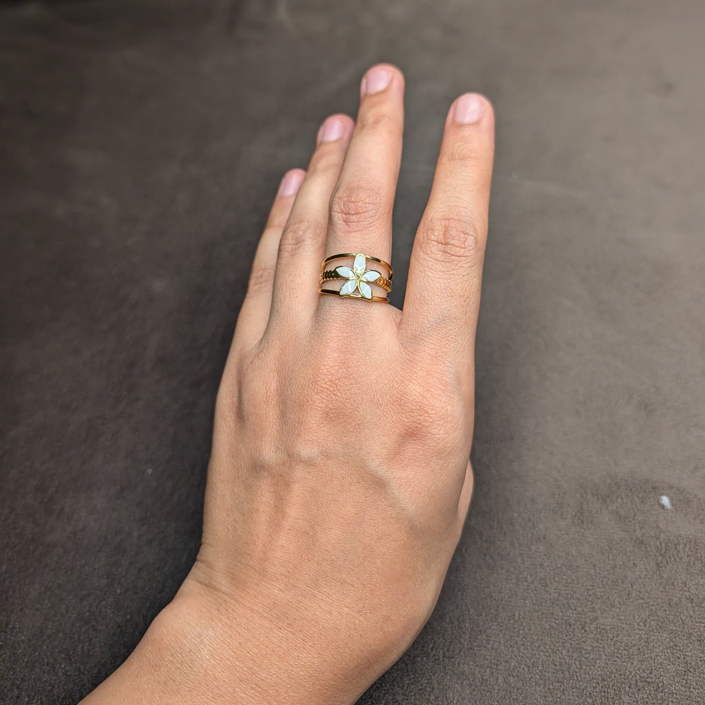 Gold White Flower Double Band Open Ring